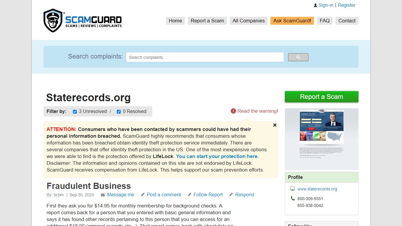 Staterecords.org >> 3 complaints & reviews | SCAMGUARD™